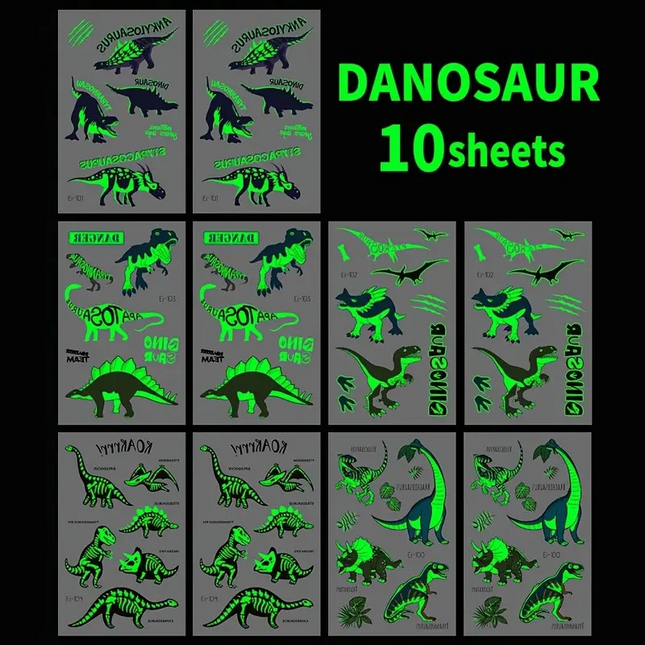 Glow-in-the-Dark Dinosaur Temporary Tattoos – 10 Sheets of Waterproof, Luminous Dino Fun! 🦖✨