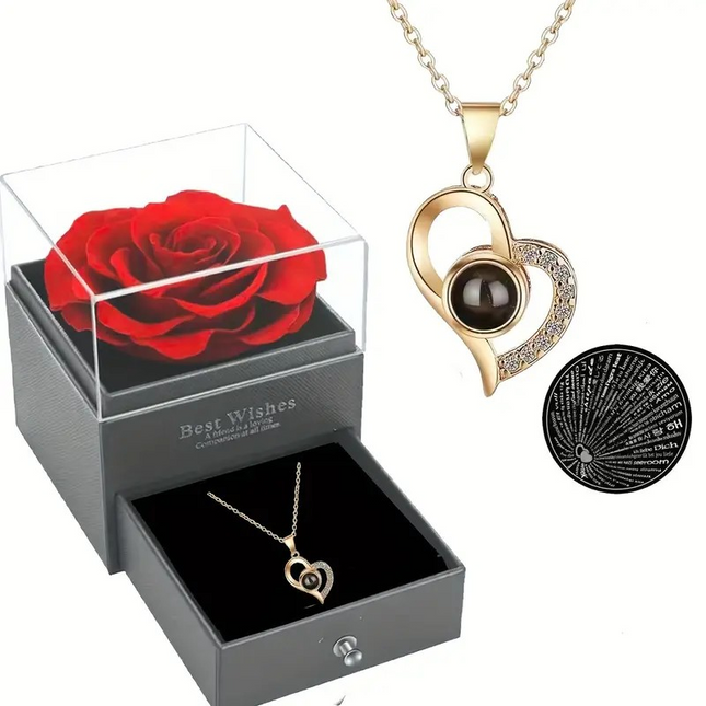 Heart Pendant Necklace with 100 Languages 'I Love You' Projection