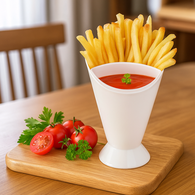 Dual-Compartment French Fry Cup with Integrated Sauce Holder – Perfect for Dipping on the Go