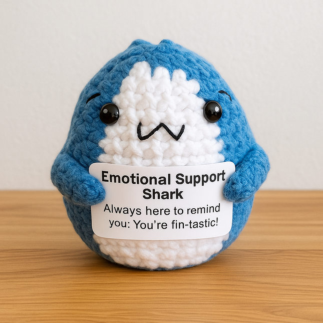 Crochet Shark Doll – Handmade Wool Plush with Positive Message for Ocean-Themed Decor