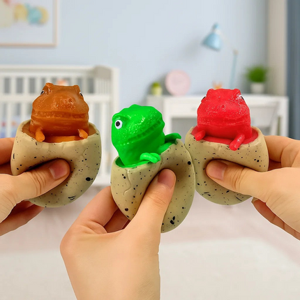Three small toy dinosaur in stone-like containers held by hands against a blurred indoor background.