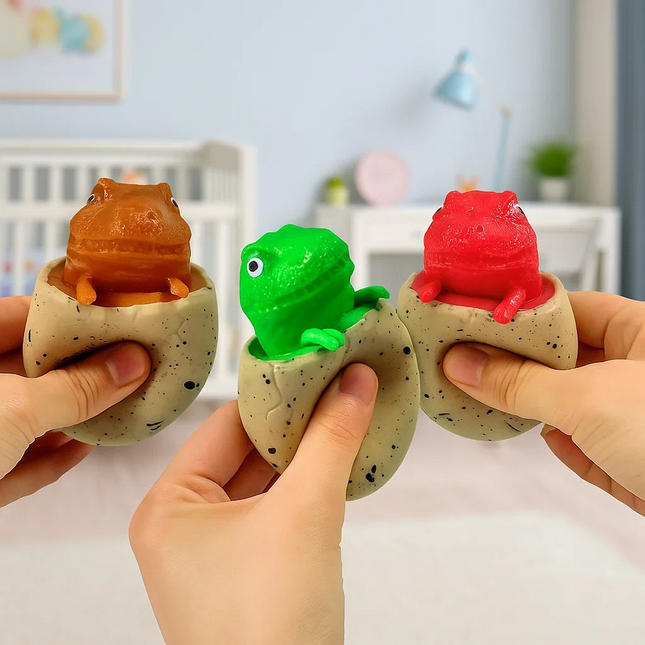 Three small toy dinosaur in stone-like containers held by hands against a blurred indoor background.