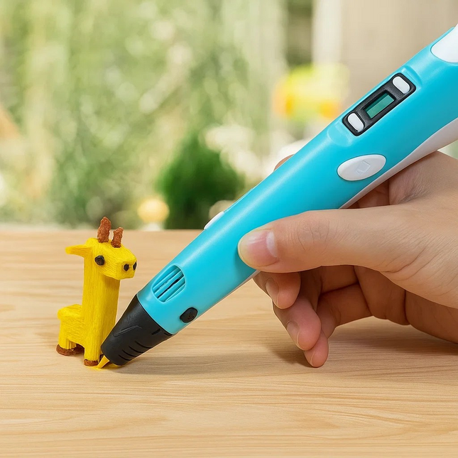 Hand holding a blue 3D printing pen with a small yellow giraffe model on a wooden surface.