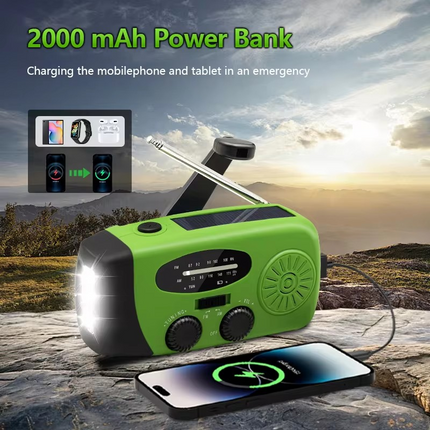 2000mAh Emergency Radio – Portable Solar & Hand Crank FM/AM/WB Radio with USB Charging