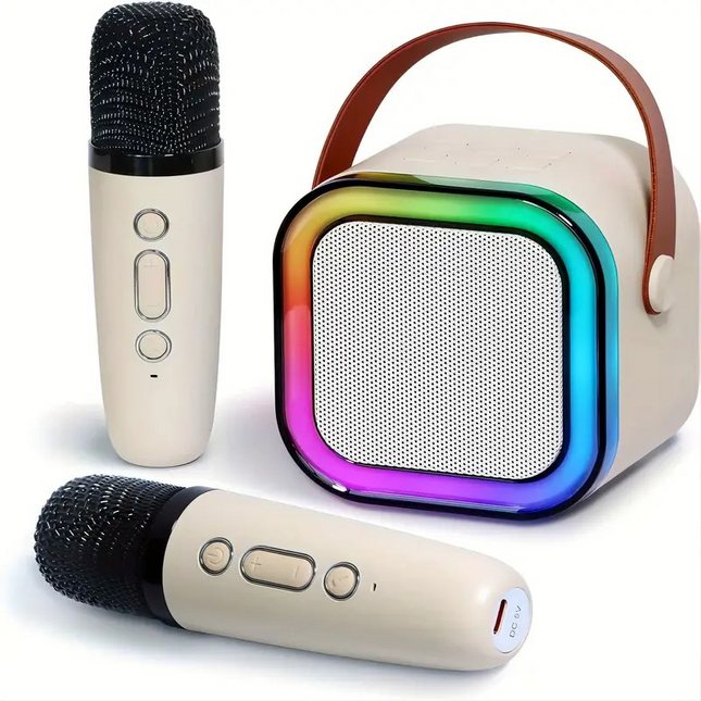 Mini Portable Karaoke Speaker System – LED Disco Lights & Two Wireless Microphones for Ultimate Party Fun!