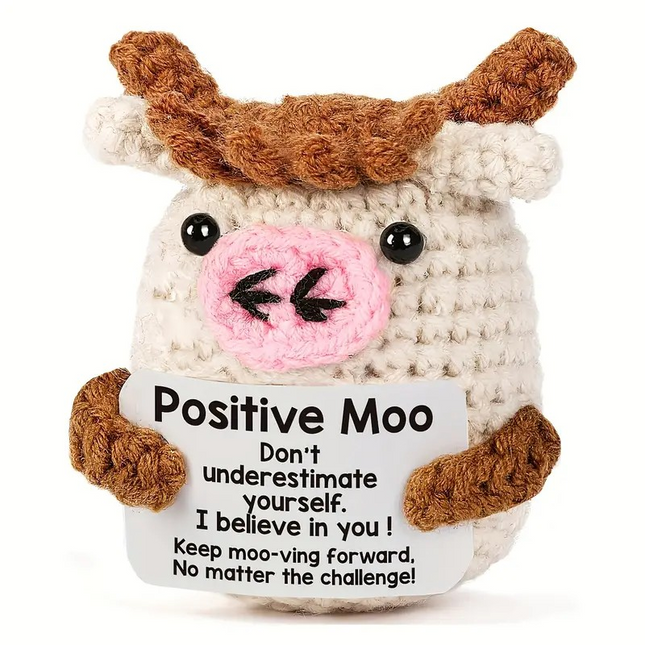 Mini Positive Crochet Cow – Handmade Encouragement Gift with Uplifting Message