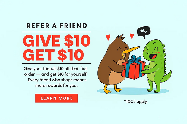 Promotional graphic with cartoon characters exchanging a gift, offering a referral program where you give $10 and get $10 back.