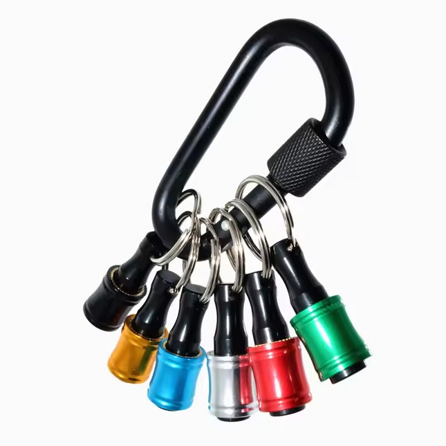 A set of six screwdriver bit holders with a hexagonal shank, attached to a black keychain. The holders come in multiple colors including black, red, blue, green, orange, and yellow.