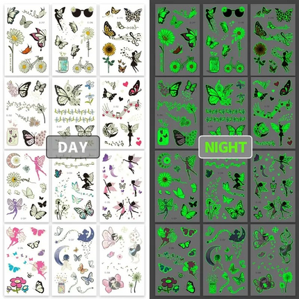 12 Sheets Glow in the Dark Butterfly Temporary Tattoos – Luminous Fairy & Flower Designs