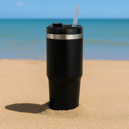 Black tumbler with a straw on a sandy beach with ocean in the background