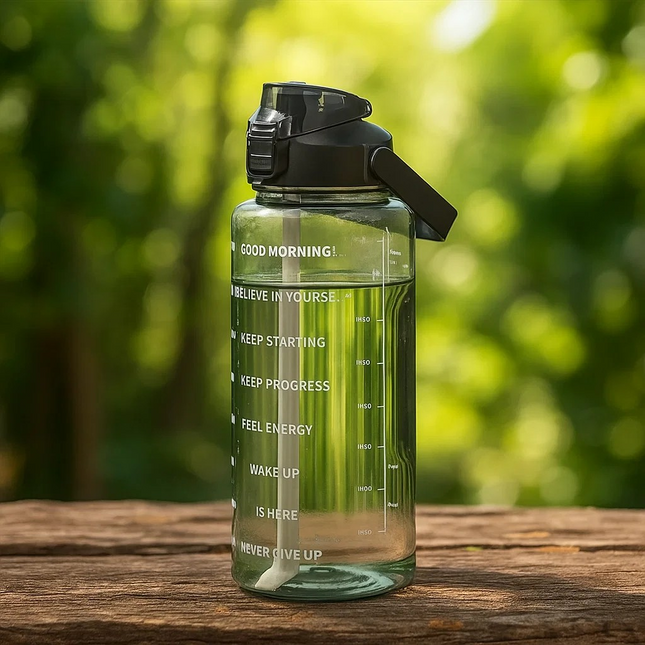black water bottle with motivational phrases on a wooden surface with a blurred green background