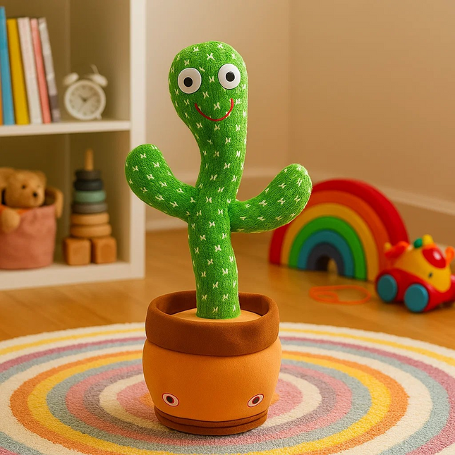Green plush cactus toy in a pot on a colorful rug with toys and books in the background