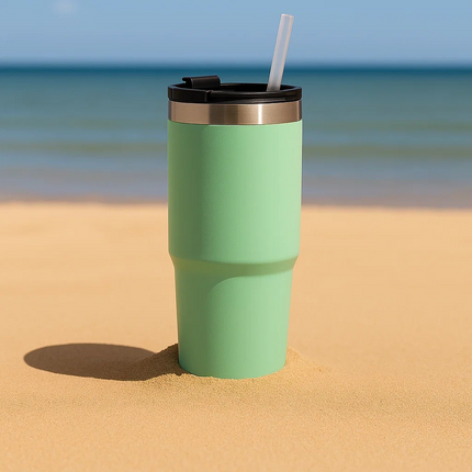 Green tumbler with a straw on a sandy beach with ocean in the background