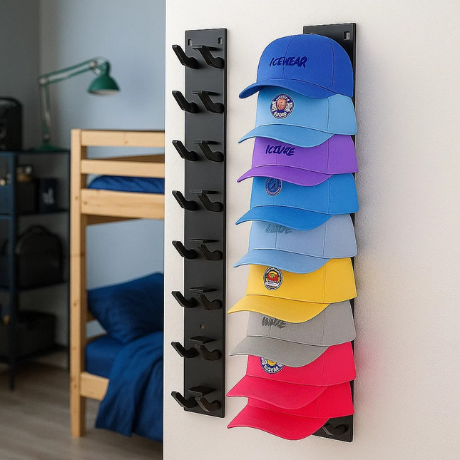 Wall-mounted cap rack with colorful caps in a room setting