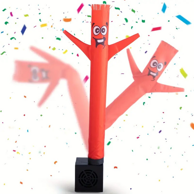 Mini inflatable air dancer waving on a desk with built-in blower