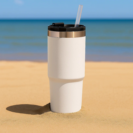 White tumbler with a black lid and straw on a sandy beach with ocean in the background