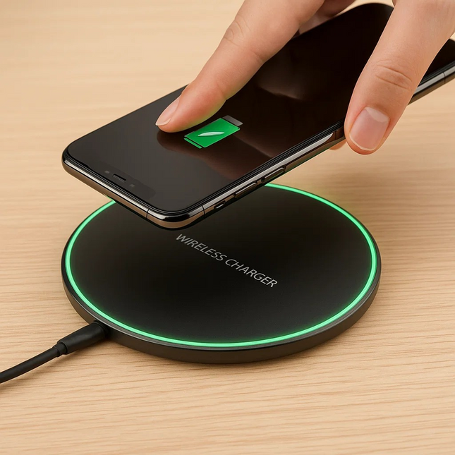 Person using a wireless charger with a smartphone on a wooden surface