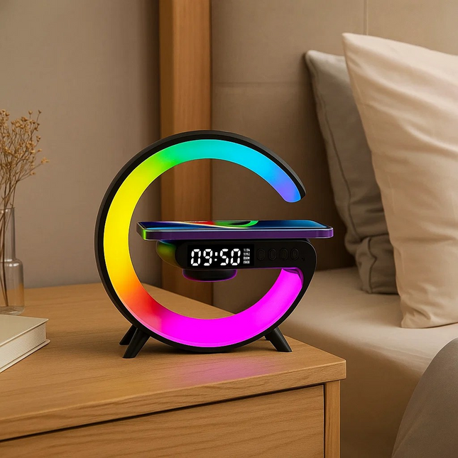 Wireless Speaker & RGB Lamp – Touch Control Alarm Clock with Fast Charging & Dimmable Ambient Light