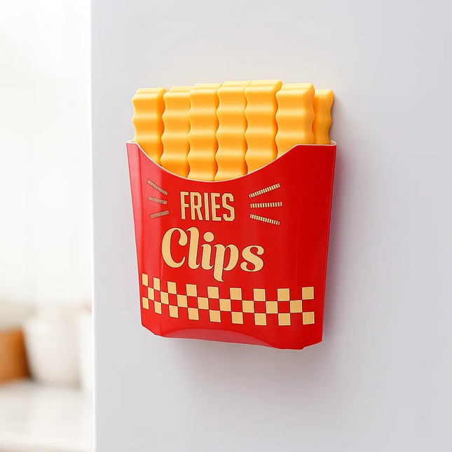 Red container labeled 'Fries Clips' with yellow clips on a white background