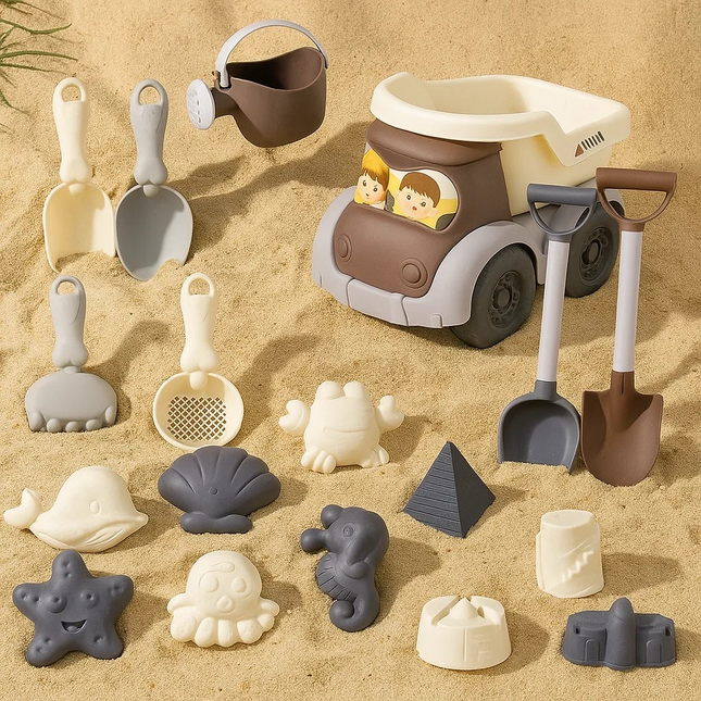 Set of sand toys including shovels, buckets, and molds on a sandy background