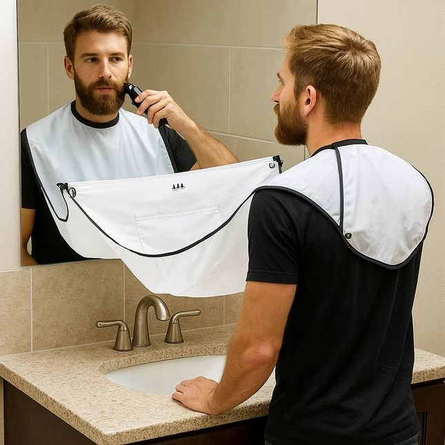 Man using an electric razor with a white beard bib in a bathroom.