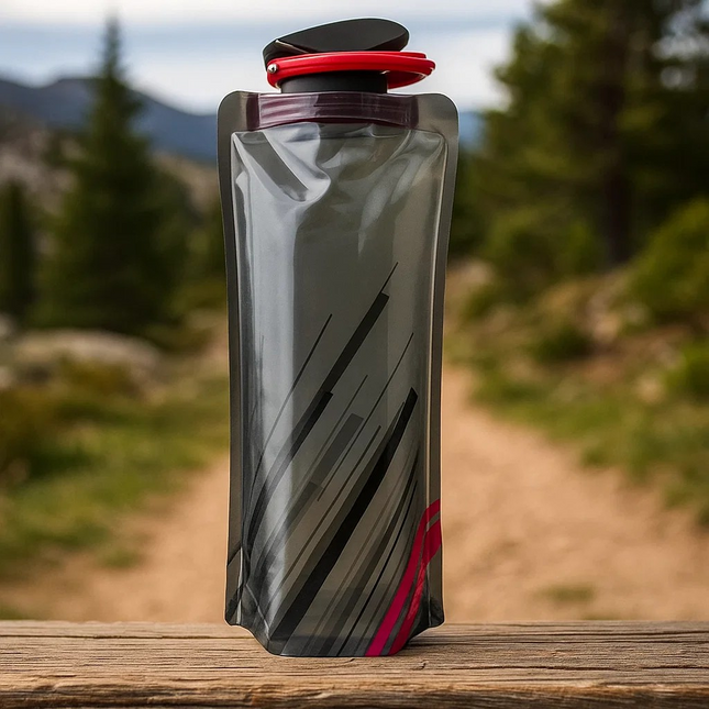Black and red water bottle pouch on a wooden surface with a blurred natural background