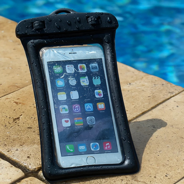 Phone in a black waterproof case with a pool in the background