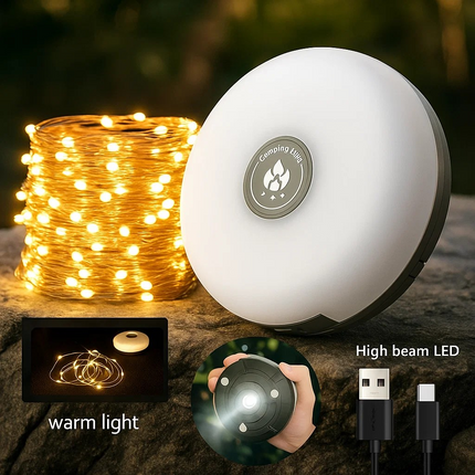 White camping light with USB cable and string lights on a natural background