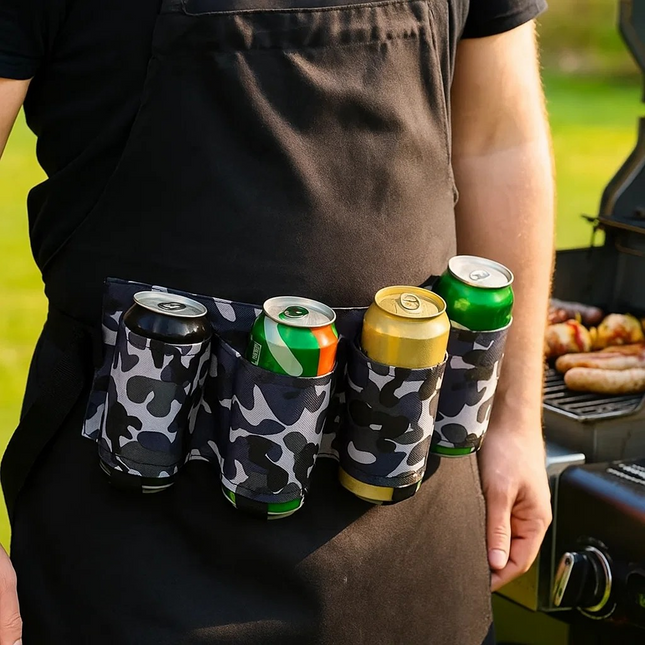 Person wearing a six-pack holder with cans at a barbecue