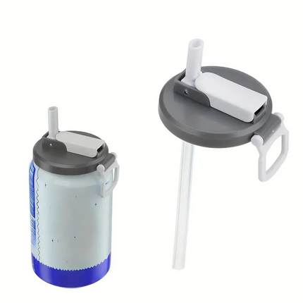can lid with a straw attached, designed to fit on a standard can, displayed against a white background.