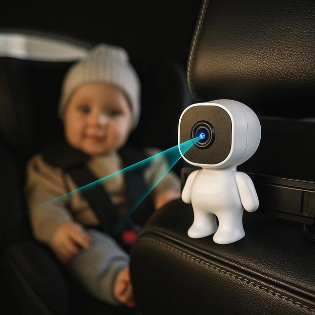 White robot-like device with blue light on a car dashboard, child in car seat in background