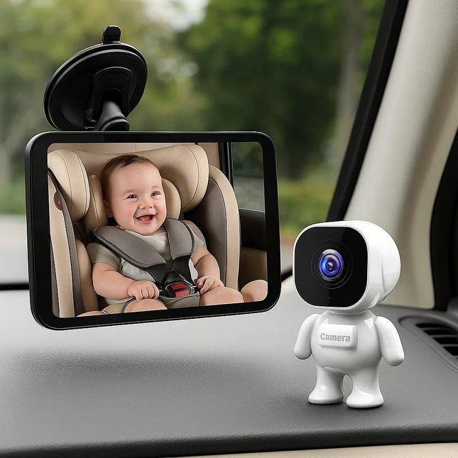 Baby monitor with screen displaying a child in a car seat, and a small camera robot on a car dashboard.