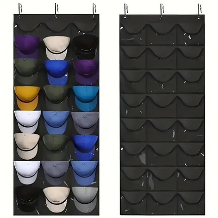 Over-the-Door Hat Rack with 24 Deep Pockets – Cap Organizer & Baseball Cap Holder with 3 Hooks, Visible Storage for Hats & Accessories