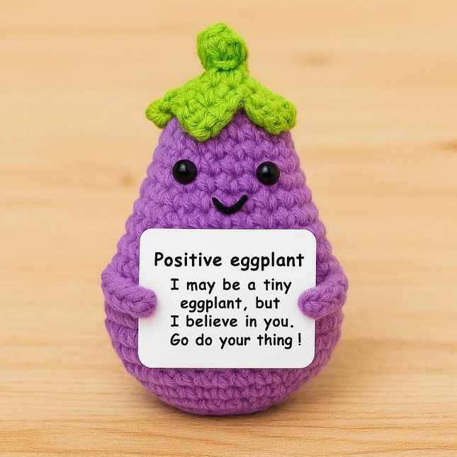 Crochet Eggplant Doll – Handmade Wool Plush with Positive Message for Gifts & Decor