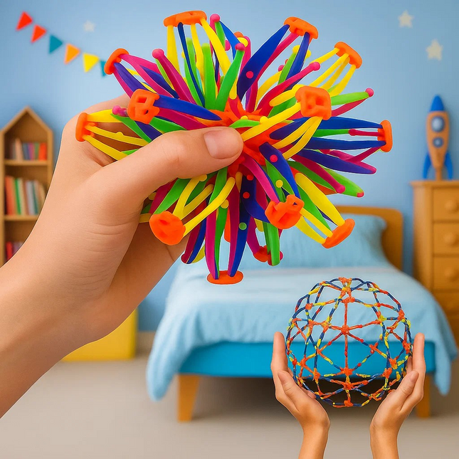 Colorful classic fidget toy expandable  geometric toy held by a hand with a child's bedroom in the background