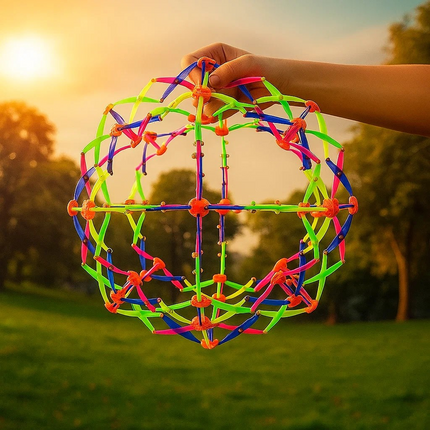 Colorful geometric toy held by a hand against a sunset background classic fidget toy expandable 