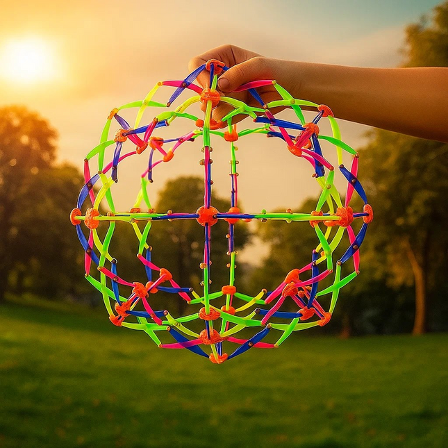 Colorful geometric toy held by a hand against a sunset background classic fidget toy expandable 