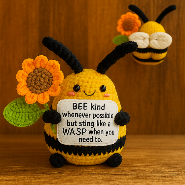Crochet bee plush toy – holding a sign that says 'Bee kind whenever possible but sting like a wasp when you need to' – cute handmade style gift – Lowkey.co.nz New Zealand gift store