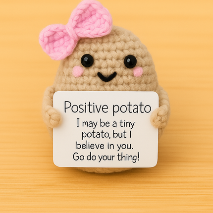 Crochet positive potato plush toy – holding a sign that says 'I may be a tiny potato but I believe in you' – cute handmade style gift – Lowkey.co.nz New Zealand gift store