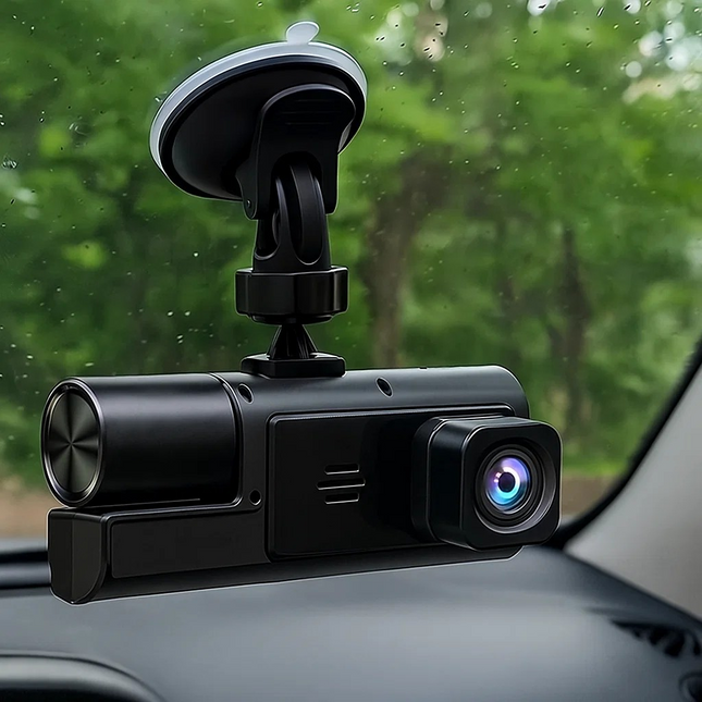 Car dashboard camera with a windshield mount, with a blurred green outdoor background.