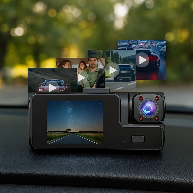 Car dashboard with a dual-camera system displaying various scenes.