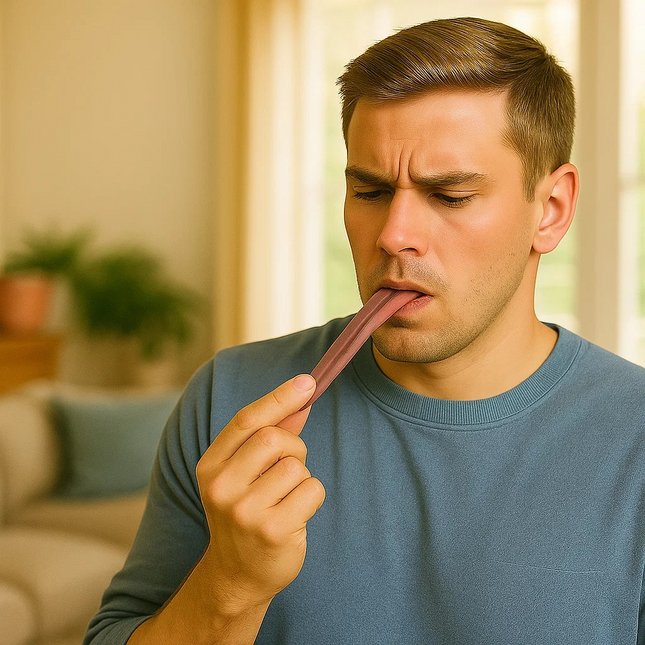 man holding fake stretchy tongue