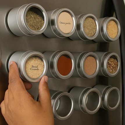 Hand reaching for a spice container on a magnetic spice jars