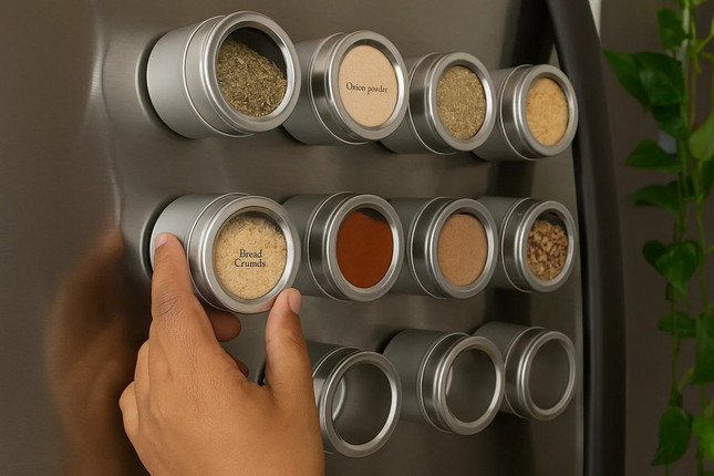 Hand reaching for a spice container on a magnetic spice jars