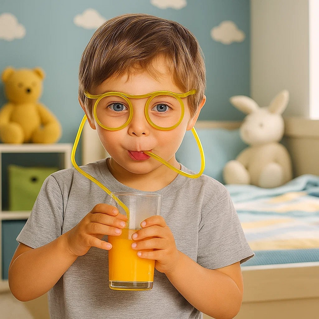 Child drinking orange juice through a straw with yellow glasses in a room with stuffed animals.