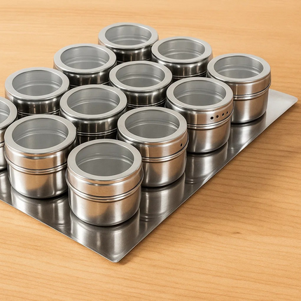 Magnetic Stainless Steel Spice Jars Set – 12pc Herb & Seasoning Storage with See-Through Lids, Rotating Sifters & Fridge Mount Design