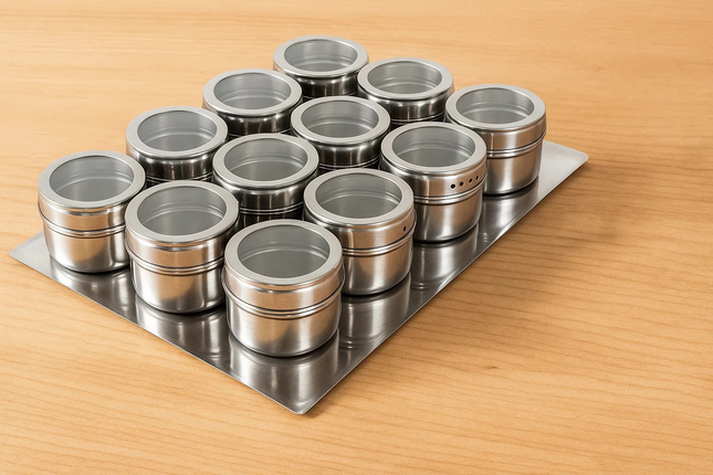 Magnetic Stainless Steel Spice Jars Set – 12pc Herb & Seasoning Storage with See-Through Lids, Rotating Sifters & Fridge Mount Design