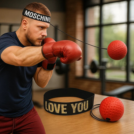 Man wearing red boxing gloves and a Moschino headband, training with a boxing ball on a wooden table.