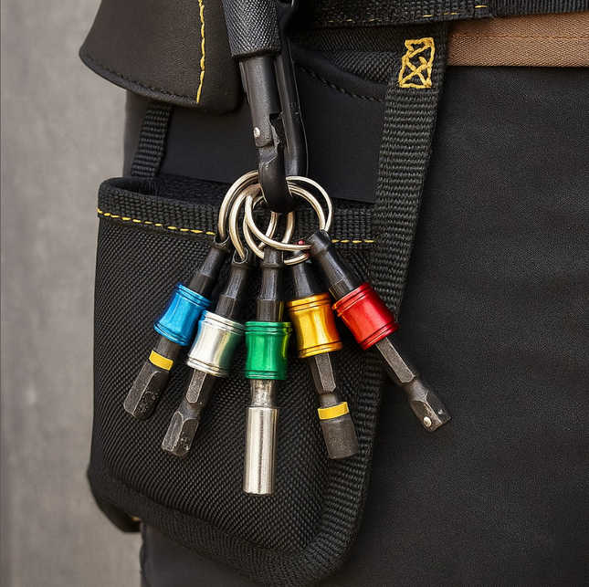Set of colorful screwdriver bits attached to a keychain on a black tool belt.