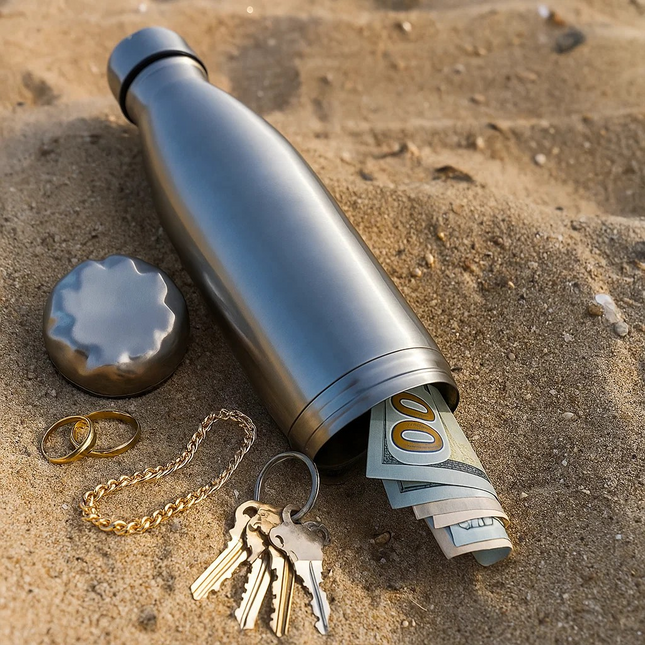 Silver water bottle with hidden storage rolled-up dollar bills, keys, and a gold ring on sand